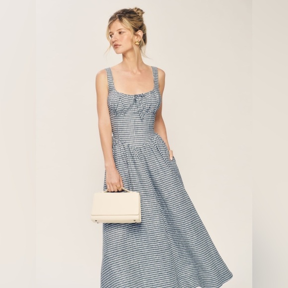 NEW Reformation Balia Midi Linen Dress Slate Check Plaid Navy White | US 6 UK 10 - Picture 4 of 16
